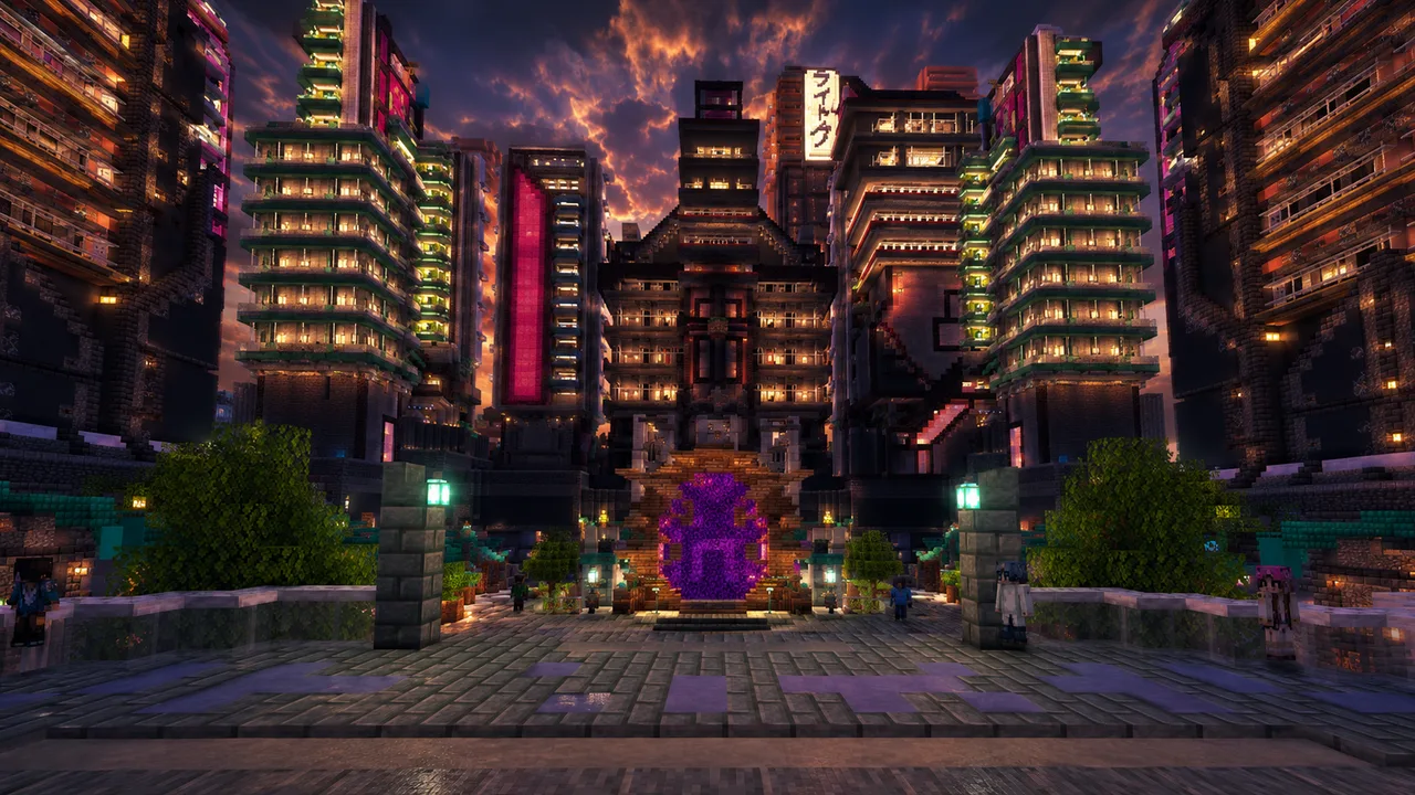 Neon-lit Skyblock city hub at sunset on Games.Place